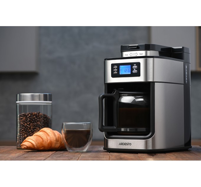 Кавоварка ARDESTO крапельна Steel Collection 1.2л, зерно + мелена, дисплей, сріблясто-чорний