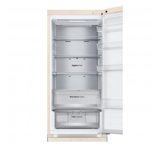 Холодильник LG з нижн. мороз., 203x60х68, холод.відд.-277л, мороз.відд.-110л, 2дв., E, NF, інв., диспл зовн., Fresh Сonverter, Metal Fresh, бежевий