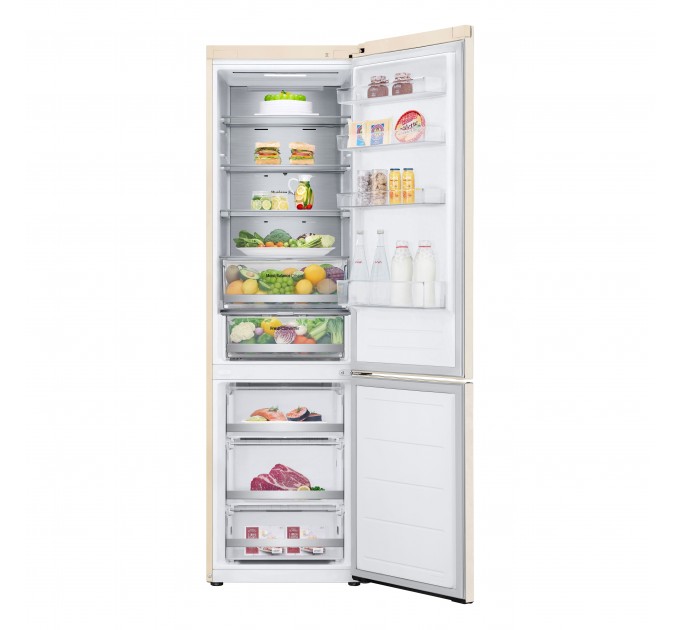 Холодильник LG з нижн. мороз., 203x60х68, холод.відд.-277л, мороз.відд.-110л, 2дв., E, NF, інв., диспл зовн., Fresh Сonverter, Metal Fresh, бежевий