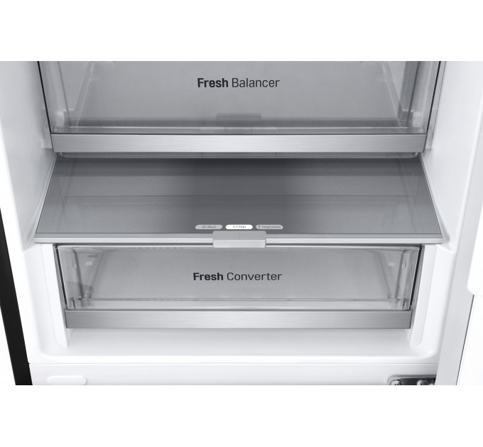 Холодильник LG с нижн. мороз., 203x60х68, холод.отд.-277л, мороз.отд.-107л, 2дв., А++, NF, инв., диспл внешн., Fresh Сonverter, Metal Fresh, черный мат.