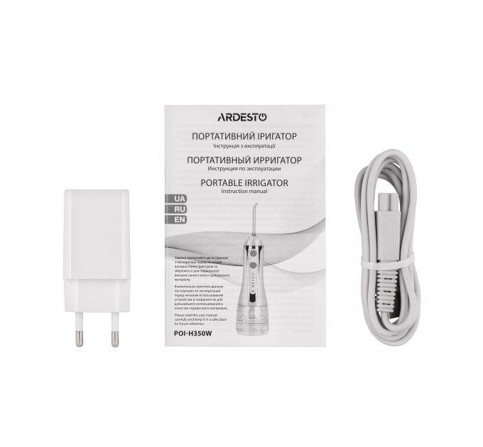 Іригатор ARDESTO портативний, чаша 300 мл, Li-ion акум. в компл., чохол, 7 насадок, білий