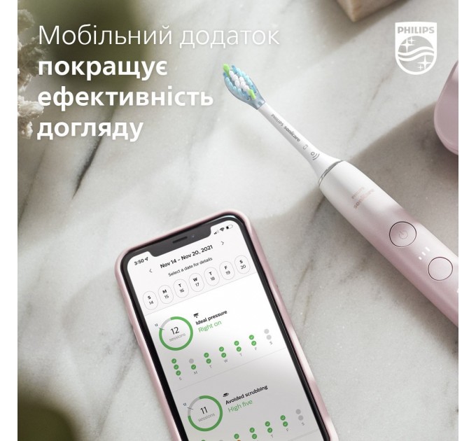 Щітка зубна електр. Philips, Sonicare DiamondClean Prestige 9900, 62т. колив/хв, насадок-1, SenseIQ, зарядний чохол, рожевий