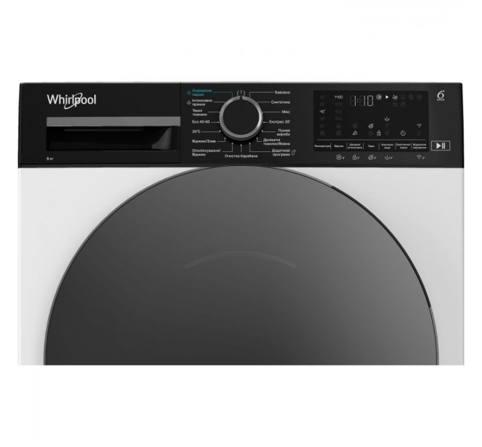 Стиральная машина Whirlpool фронтальная, 8кг, 1400, C, 55см, дисплей, пар, инвертор, люк черный, белый