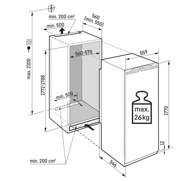 Холодильная камера Liebherr встраиваемая, 177x55.9х54.6, 291л, 1дв., D, ST, диспл внутр., BioFresh, белый