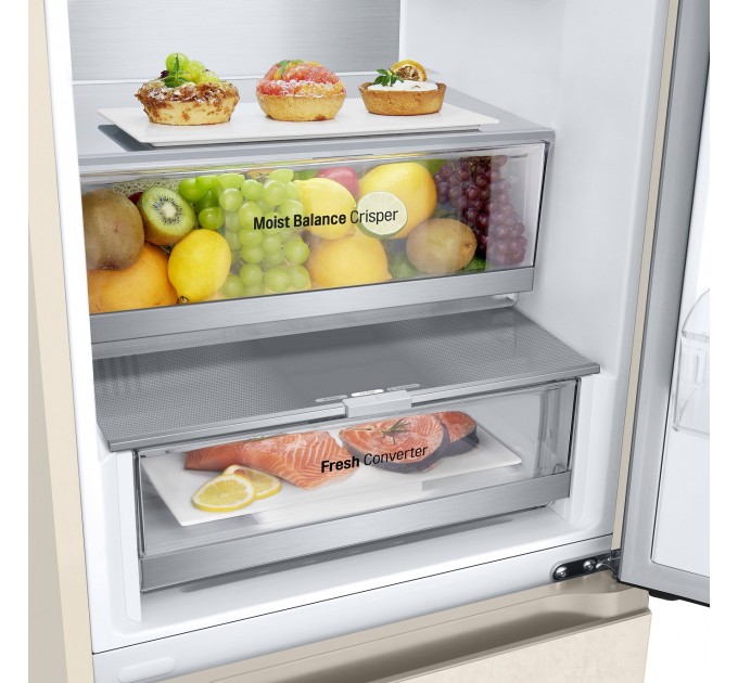 Холодильник LG з нижн. мороз., 203x60х68, холод.відд.-277л, мороз.відд.-110л, 2дв., E, NF, інв., диспл зовн., Fresh Сonverter, Metal Fresh, бежевий