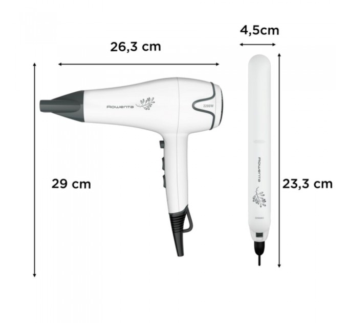 Фен + выпрямитель Rowenta набор Pure Collection, 2200Вт, режимов-2, дифузор,щипцы для волос(200°С,керамика), бело-черный