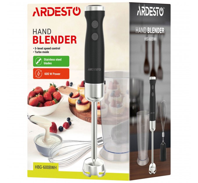 Блендер ARDESTO заглибний 600Вт, чаша-600мл, вінчик для взбивання, чорно-сріблястий