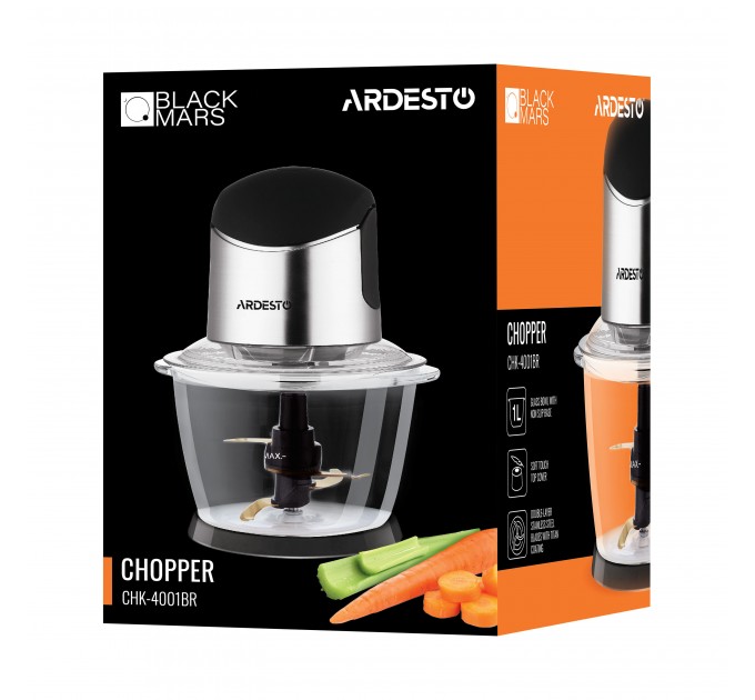 Измельчитель ARDESTO, 400Вт, чаша-1000мл, стекло, корпус-пластик/металл, черно-серебристый