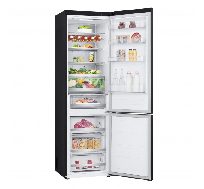 Холодильник LG с нижн. мороз., 203x60х68, холод.отд.-277л, мороз.отд.-107л, 2дв., А++, NF, инв., диспл внешн., Fresh Сonverter, Metal Fresh, черный мат.