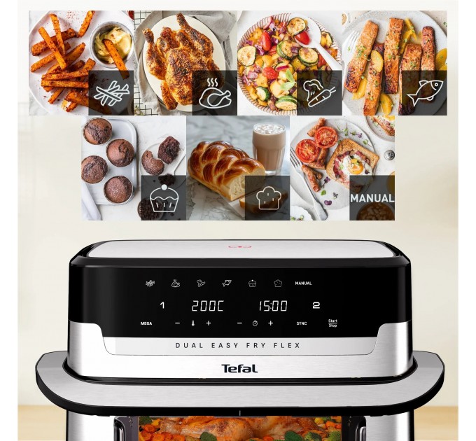 Мультипечь Tefal Dual Easy Fry Flex, 2700Вт, чаша-5.5+3.5л, сенсорное управл., 2 чаши, гриль, пластик, черный-нерж. сталь