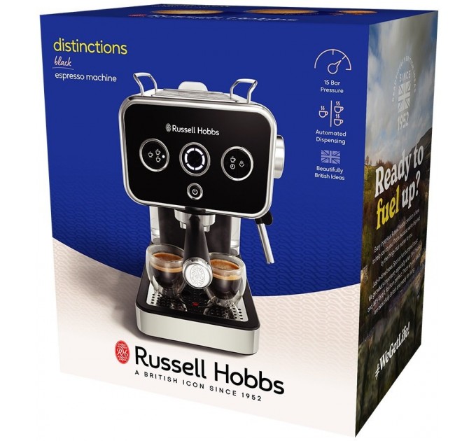 Кофеварка Russell Hobbs рожковая Distinctions 1.1л, молотый + чалды, черно-серебристый