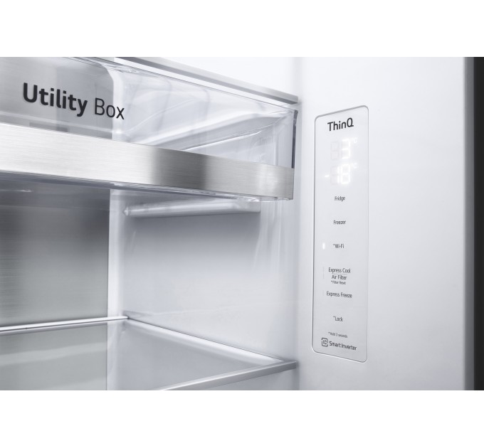 Холодильник LG SBS, 179x91х74, холод.отд.-416л, мороз.отд.-239л, 2дв., F, NF, инв., диспл внутр., зона св-ти, Door in door, черный мат.