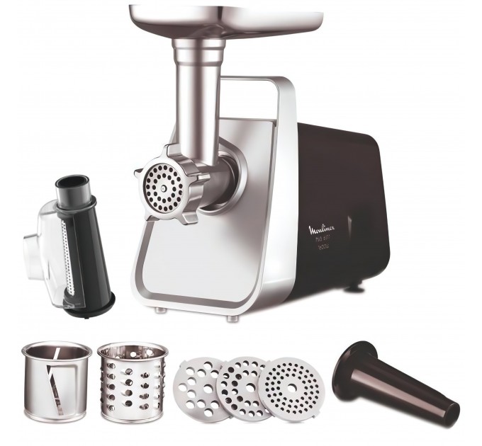 Мясорубка Moulinex, 1600Вт, 1.9кг/мин, 3 решетки, насадка для колбас, кеббе, томатов, пластик/металл, черно-серерый
