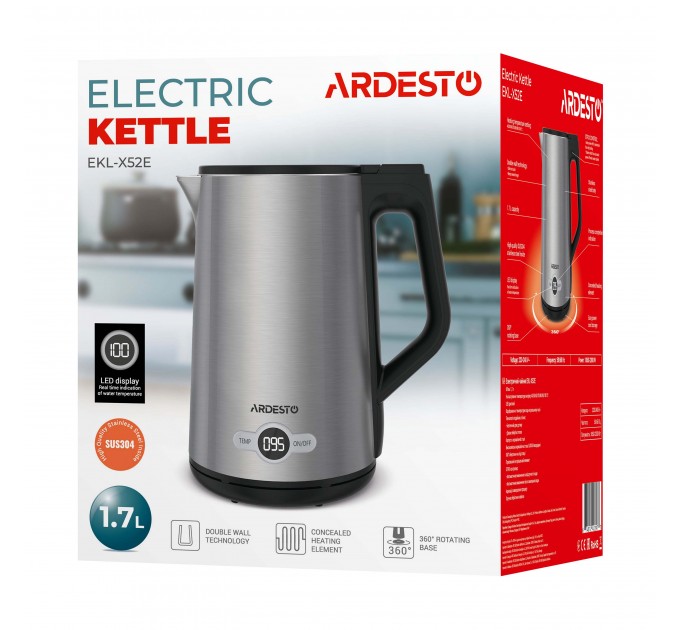 Электрочайник ARDESTO Steel Collection 1.7л, Strix, LED дисплей, двойные стенки, серебристый
