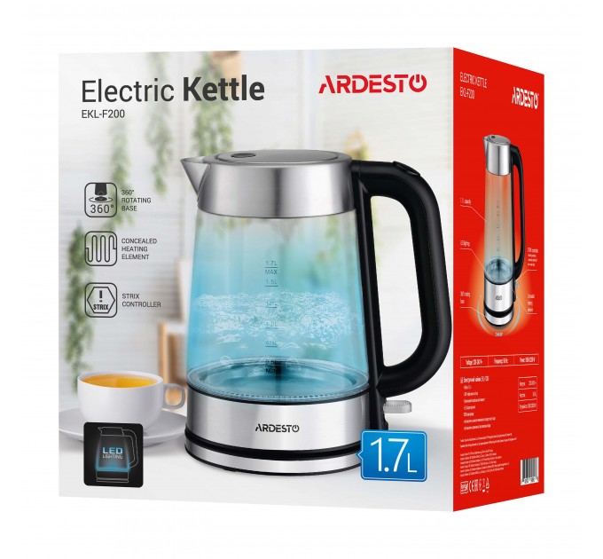 Електрочайник ARDESTO 1.7л, Strix, скло, сріблясто-чорний