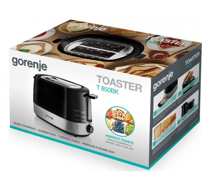 Тостер Gorenje, 850Вт, пластик/ металл , функц. разморозки, автоотключение, черный