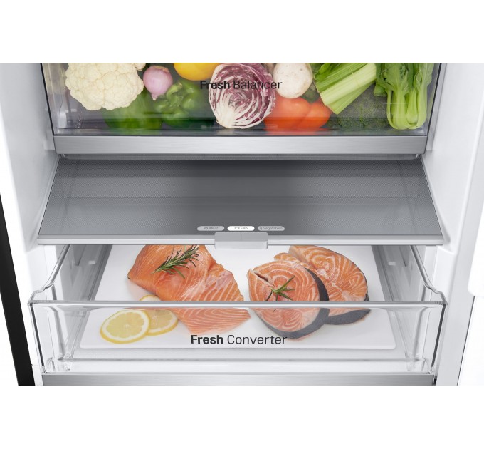 Холодильник LG с нижн. мороз., 203x60х68, холод.отд.-277л, мороз.отд.-107л, 2дв., А++, NF, инв., диспл внешн., Fresh Сonverter, Metal Fresh, черный мат.