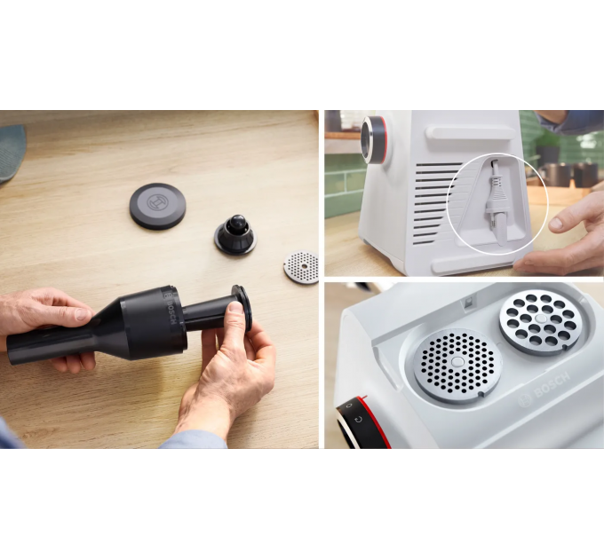 Мясорубка Bosch, 2100Вт, 3.5кг/мин, 2 решетки, насадка для колбас, кеббе, пластик, белый