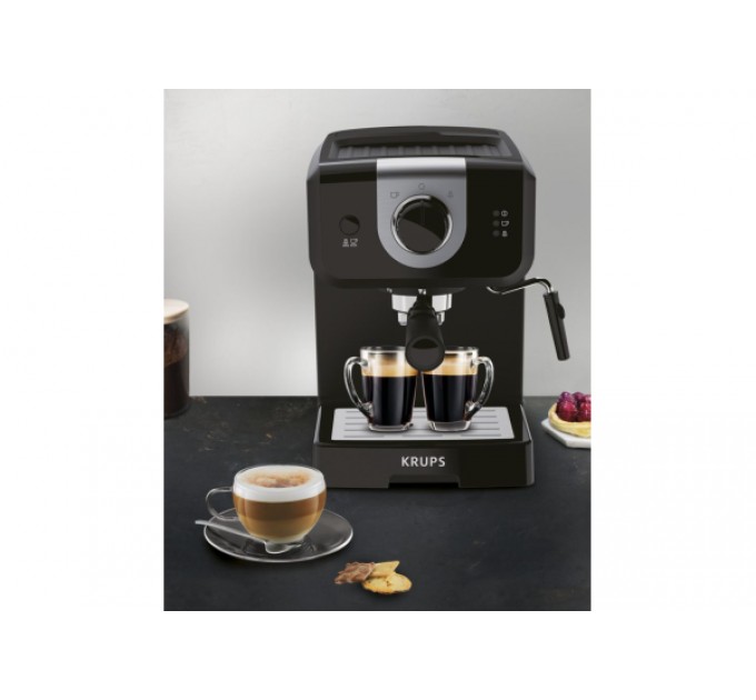 Кавоварка Krups ріжкова Opio 1.5л, мелена, ручний капучинатор, підігрів чашок, чорний