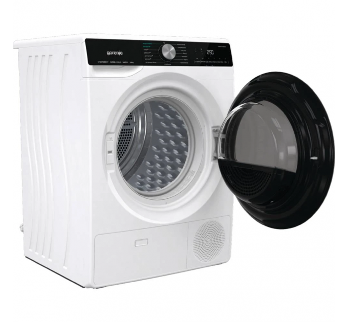 Сушильна машина Gorenje тепловий насос, 9кг, A++, 60см, дисплей, 15 програм, підсвітка барабану, білий