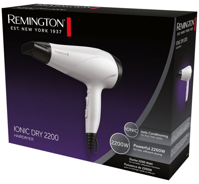 Фен Remington Ionic Dry, 2200Вт, режимов-3,турмалиновая иониз-я, хол. обдув, белый
