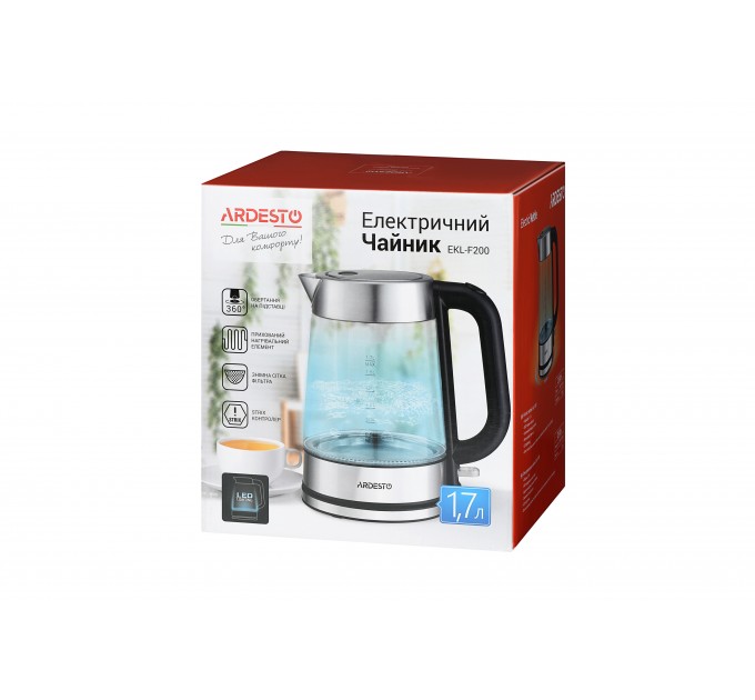 Електрочайник ARDESTO 1.7л, Strix, скло, сріблясто-чорний