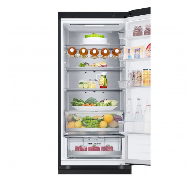 Холодильник LG с нижн. мороз., 203x60х68, холод.отд.-277л, мороз.отд.-107л, 2дв., А++, NF, инв., диспл внешн., Fresh Сonverter, Metal Fresh, черный мат.