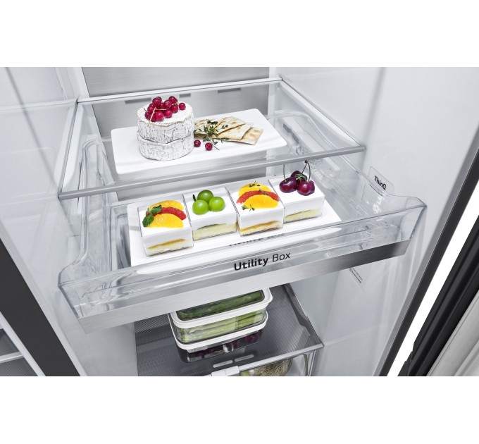 Холодильник LG SBS, 179x91х74, холод.отд.-416л, мороз.отд.-239л, 2дв., F, NF, инв., диспл внутр., зона св-ти, Door in door, черный мат.