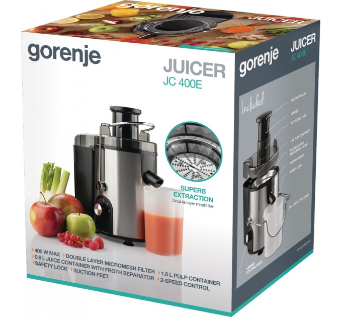 Соковитискач Gorenje відцентрований 400Вт, чаша-0.6л, жмих-1.6л, жолоб на ціле яблуко, пластик/метал, чорний