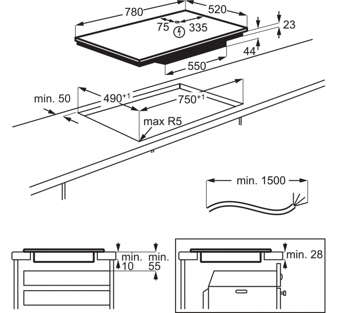 Варочная поверхность Electrolux индукционная, 80см, расширенная зона, Hob2Hood, черный