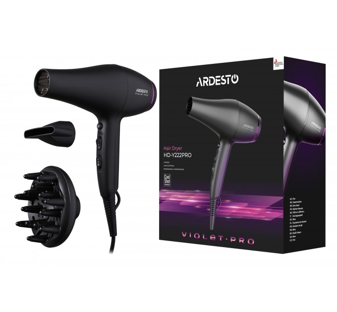 Фен ARDESTO Violet PRO HD-Y222PRO , 1850-2200Вт, 2 скорости, 3 темп.режима, диффузор, черный