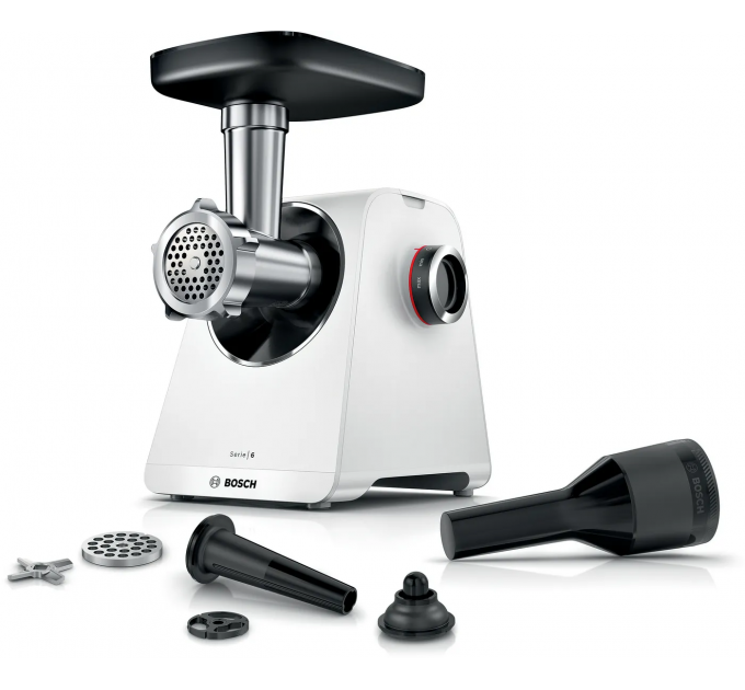 Мясорубка Bosch, 2100Вт, 3.5кг/мин, 2 решетки, насадка для колбас, кеббе, пластик, белый