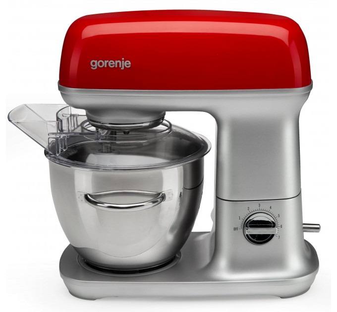 Кухонная машина Gorenje 1000Вт, чаша-металл, корпус-металл, насадок-7, серебристо-красный