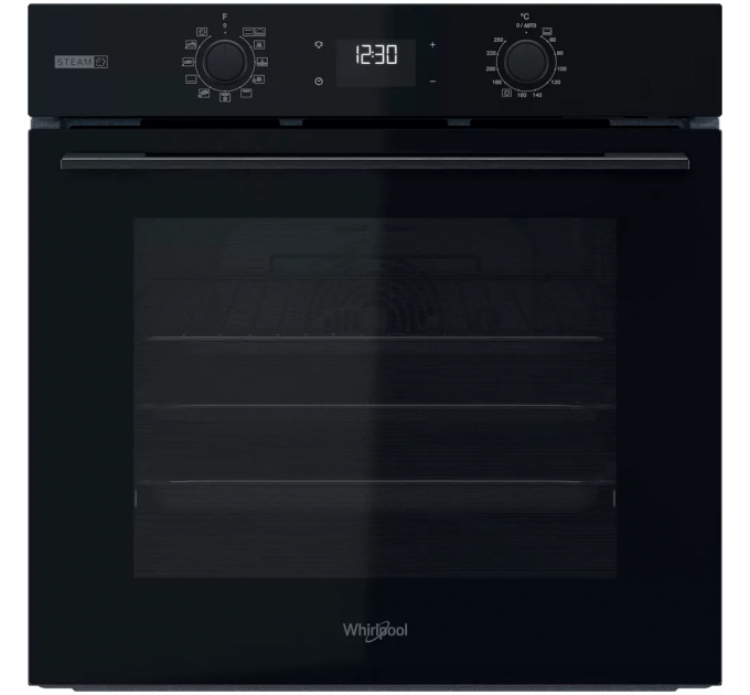 Духова шафа Whirlpool електрична, 71л, A+, дисплей, конвекція, телескопічні напрямні, пара, чорний