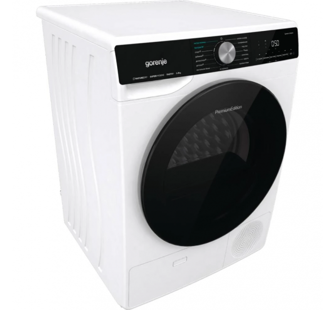 Сушильна машина Gorenje тепловий насос, 9кг, A++, 60см, дисплей, 15 програм, підсвітка барабану, білий