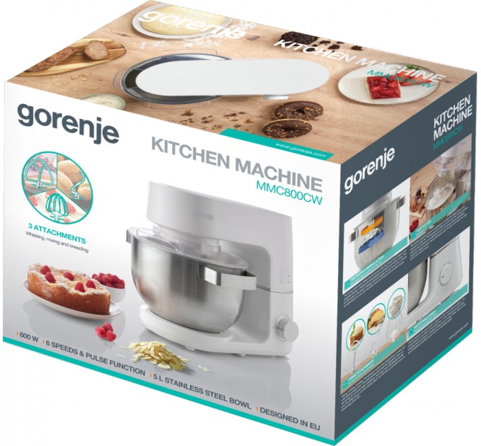 Кухонная машина Gorenje 800Вт, чаша-металл, корпус-металл, насадок-3, белый
