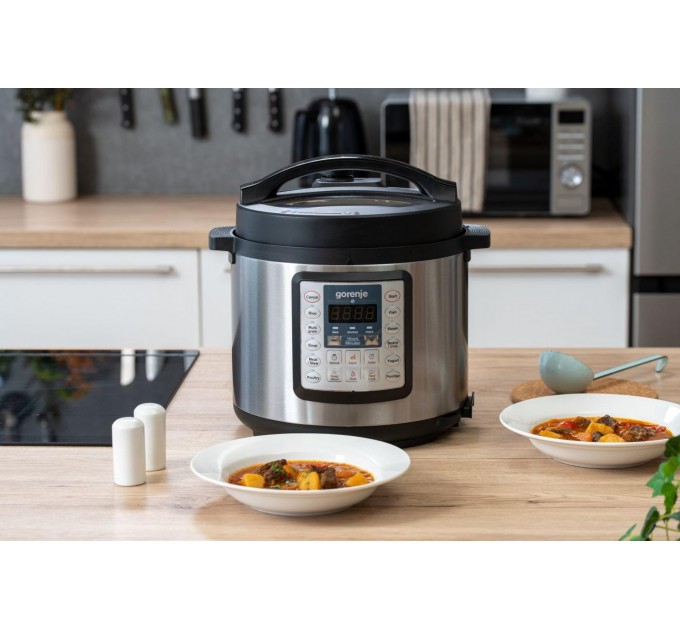 Мультиварка-скороварка Gorenje, 1000Вт, чаша-6л, электронное управл., 15 програм, металл/пластик, черный