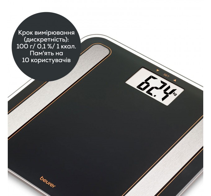 Весы Beurer напольные диагностические, 180кг, подсвеч., дисплея, 1хCR2032,стекло,черный