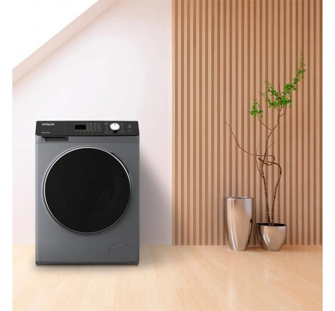 Пральна машина Hitachi фронтальна, 8кг, 1400, A+++, 60см, дисплей, пара, інвертор, люк чорний, cріблястий