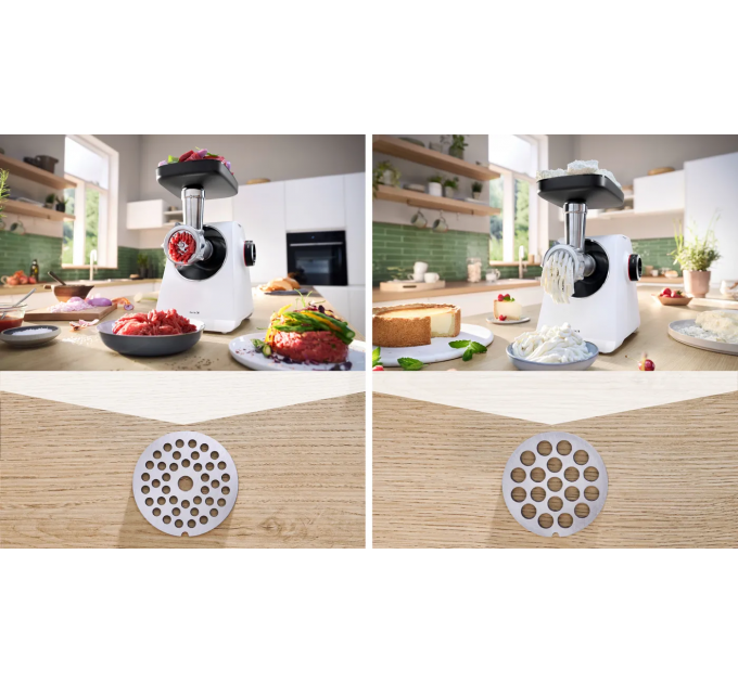 Мясорубка Bosch, 2100Вт, 3.5кг/мин, 2 решетки, насадка для колбас, кеббе, пластик, белый