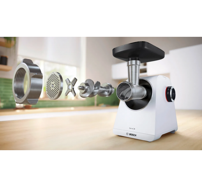 Мясорубка Bosch, 2100Вт, 3.5кг/мин, 2 решетки, насадка для колбас, кеббе, пластик, белый