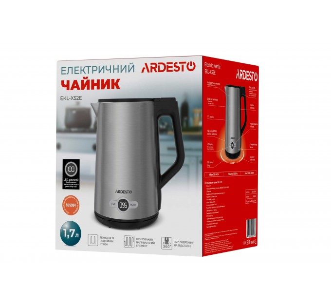 Электрочайник ARDESTO Steel Collection 1.7л, Strix, LED дисплей, двойные стенки, серебристый
