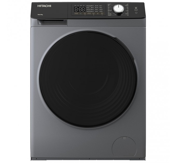 Пральна машина Hitachi фронтальна, 8кг, 1400, A+++, 60см, дисплей, пара, інвертор, люк чорний, cріблястий