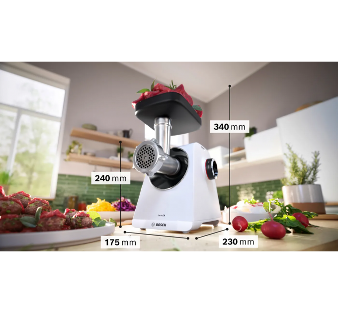 Мясорубка Bosch, 2100Вт, 3.5кг/мин, 2 решетки, насадка для колбас, кеббе, пластик, белый