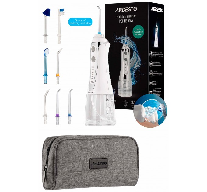 Іригатор ARDESTO портативний, чаша 300 мл, Li-ion акум. в компл., чохол, 7 насадок, білий