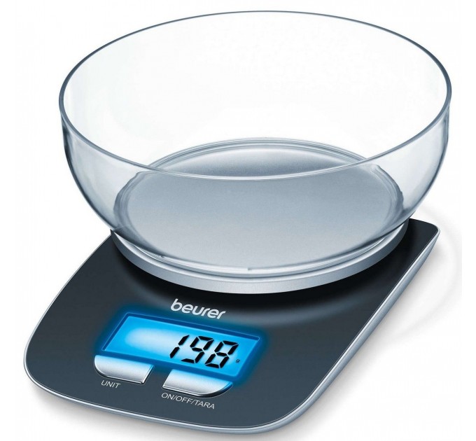 Ваги Beurer кухонні з чашею, 3кг, ємність 1.2л, АААх2 в комплекті, скло, чорний