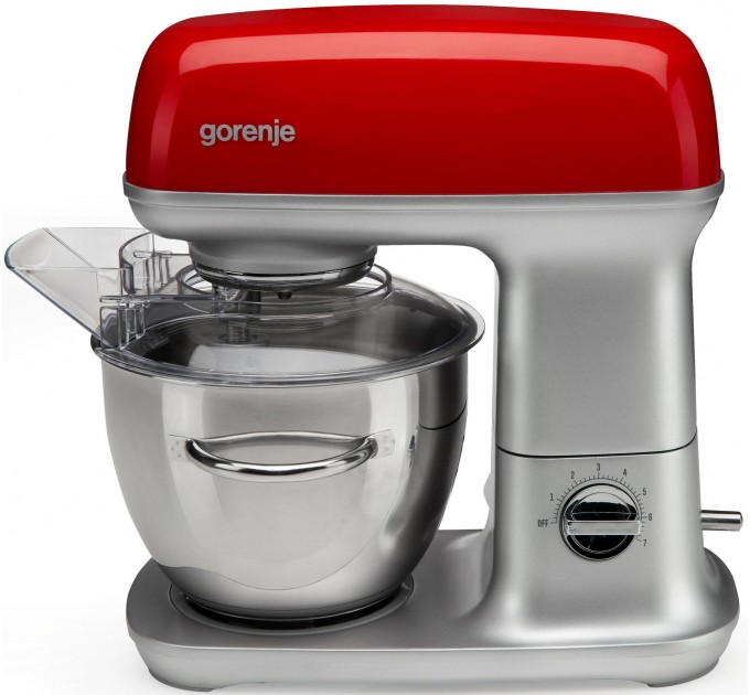 Кухонная машина Gorenje 1000Вт, чаша-металл, корпус-металл, насадок-7, серебристо-красный