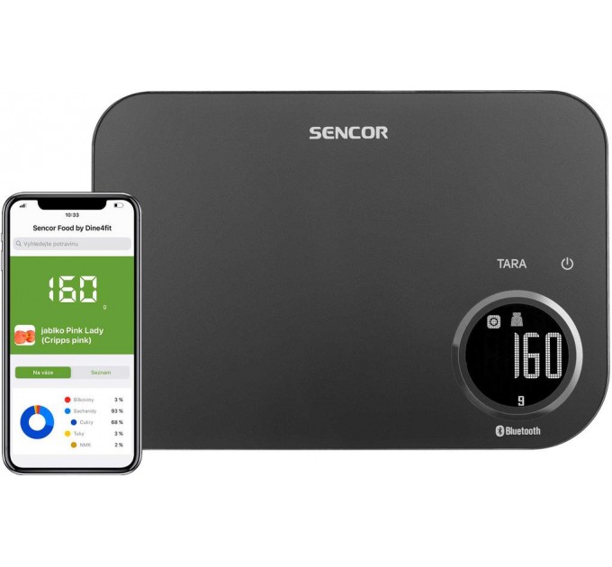 Ваги Sencor кухонні, 8кг, підключення до смартфону, AAAx2, пластик, чорний