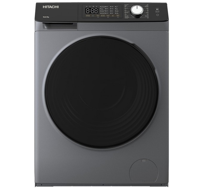 Пральна машина Hitachi фронтальна, 8кг, 1400, A+++, 60см, дисплей, пара, інвертор, люк чорний, cріблястий