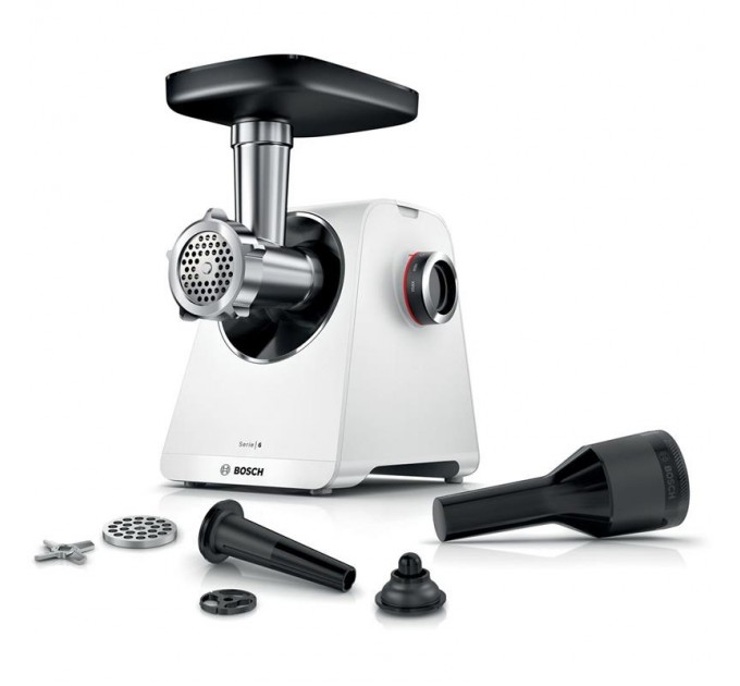 Мясорубка Bosch, 2100Вт, 3.5кг/мин, 2 решетки, насадка для колбас, кеббе, пластик, белый